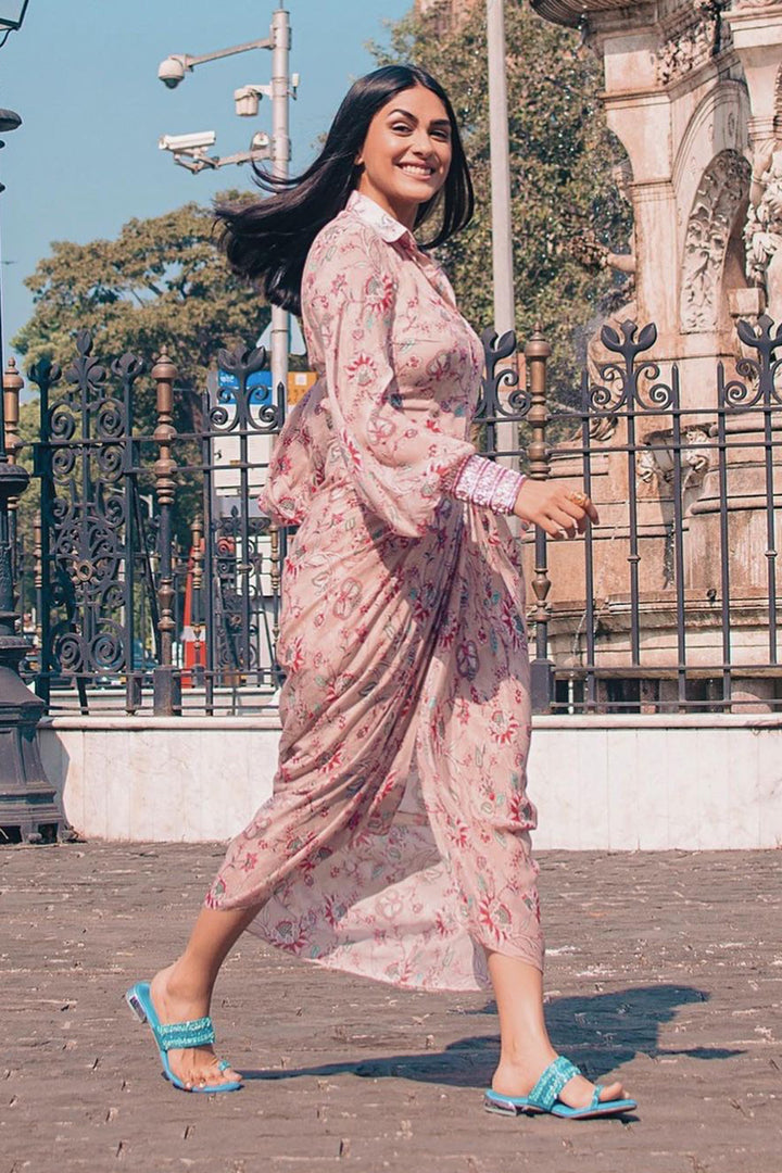 Actress Mrunal Thakur In Light Pink Printed Drape Dress