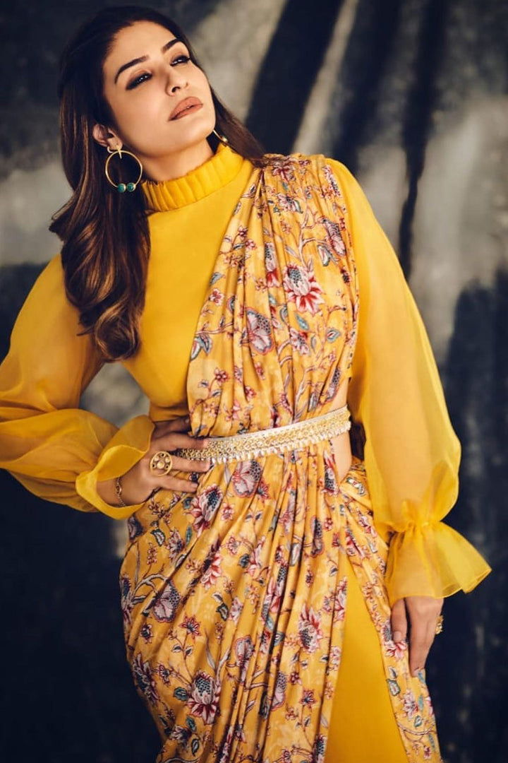 Actress Raveena Tandon in Crop Top with Pant Saree and Belt
