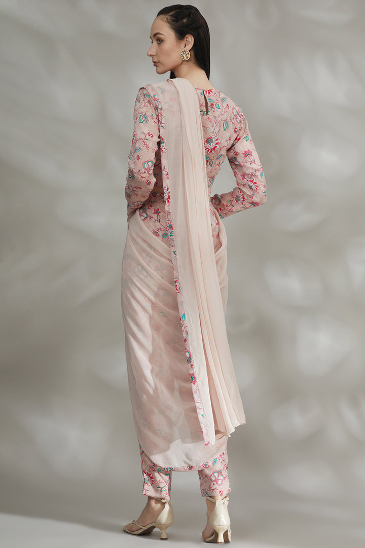Light Pink Printed Pant Saree Set
