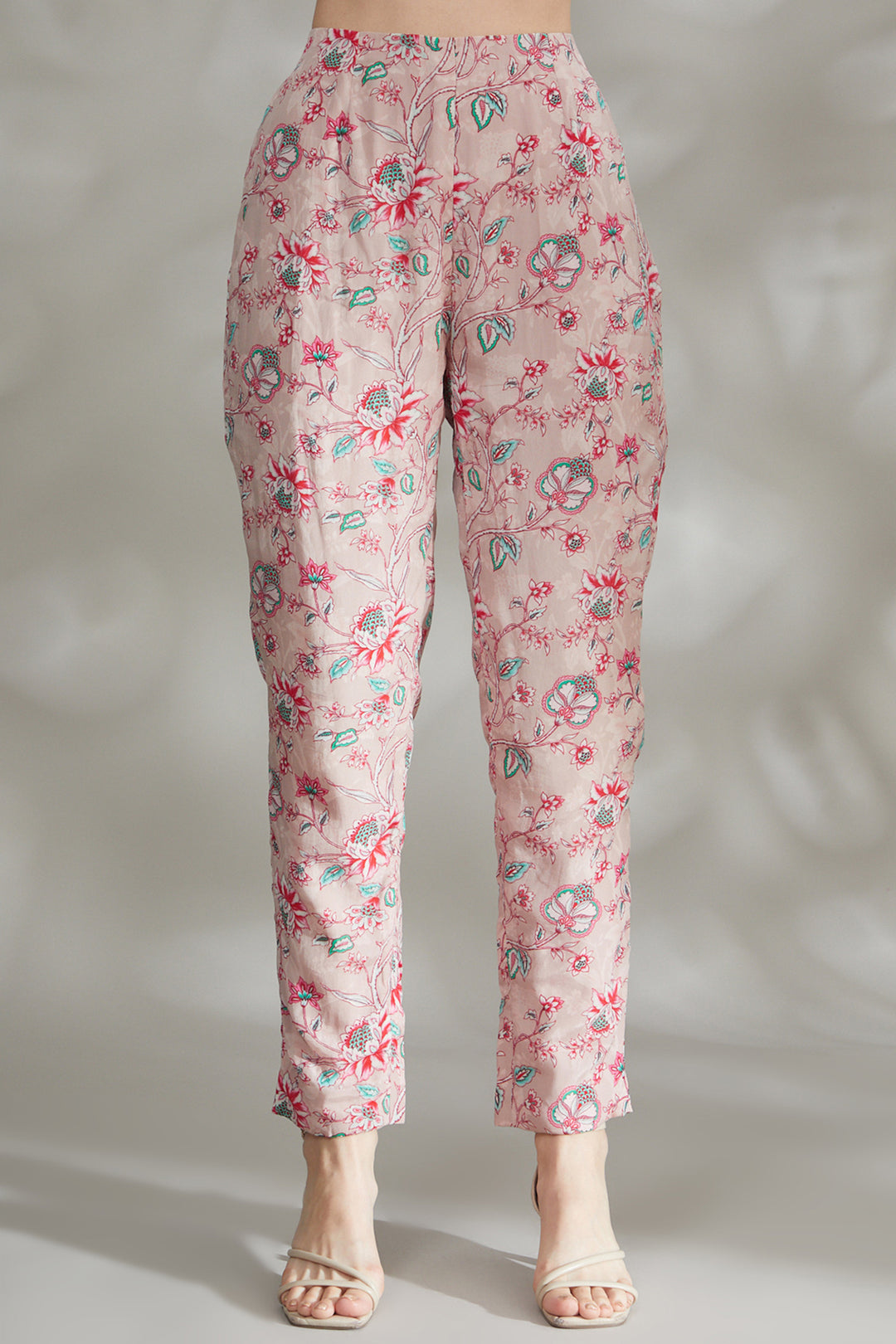 Light Pink Printed Pant Saree Set