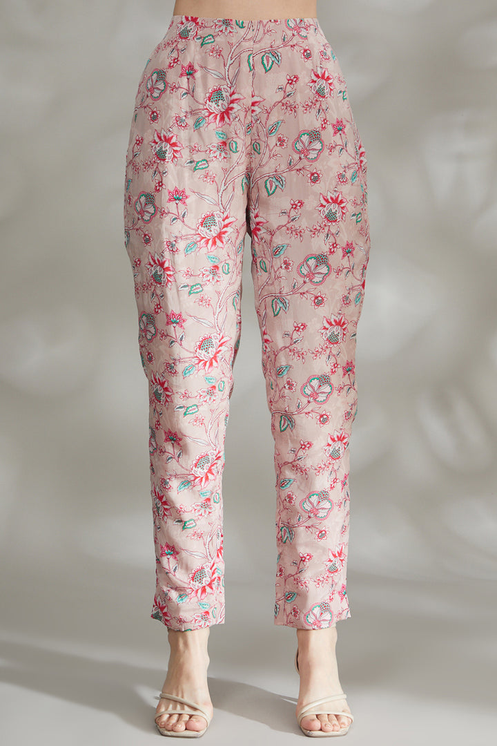 Light Pink Printed Pant Saree Set