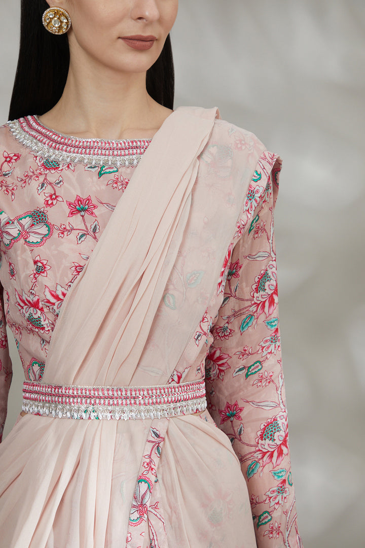 Light Pink Printed Pant Saree Set
