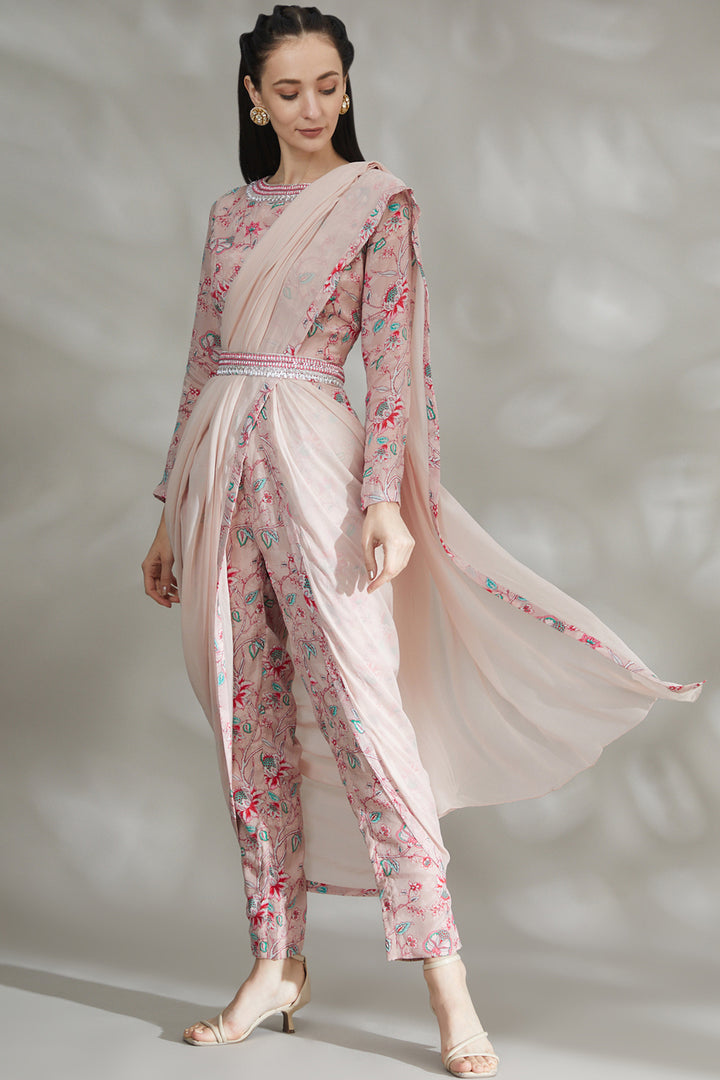 Light Pink Printed Pant Saree Set
