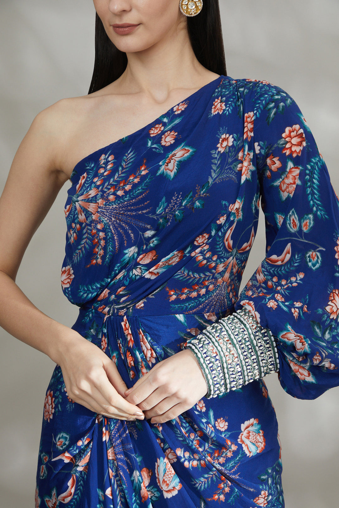 Royal Blue Printed Draped Dress