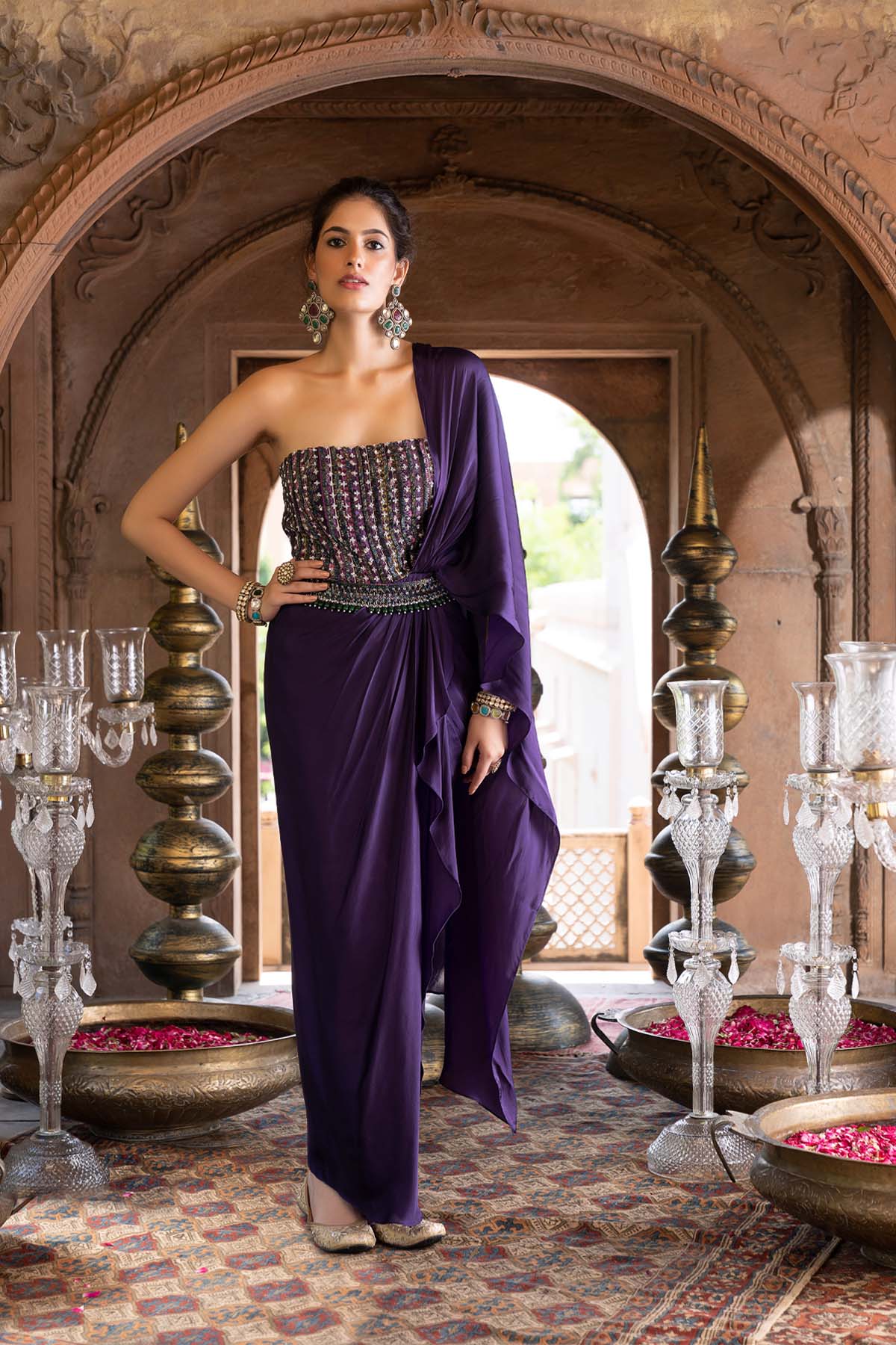 fitted lace wedding dress Purple Saree Gown With Belt