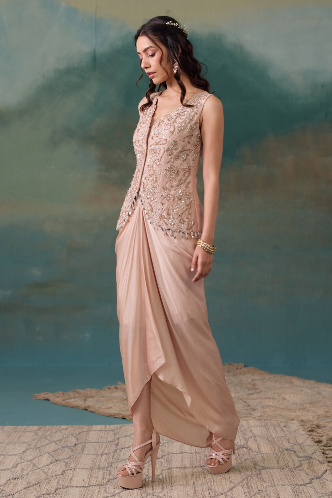 Blush Pink Jacket With Drape Skirt