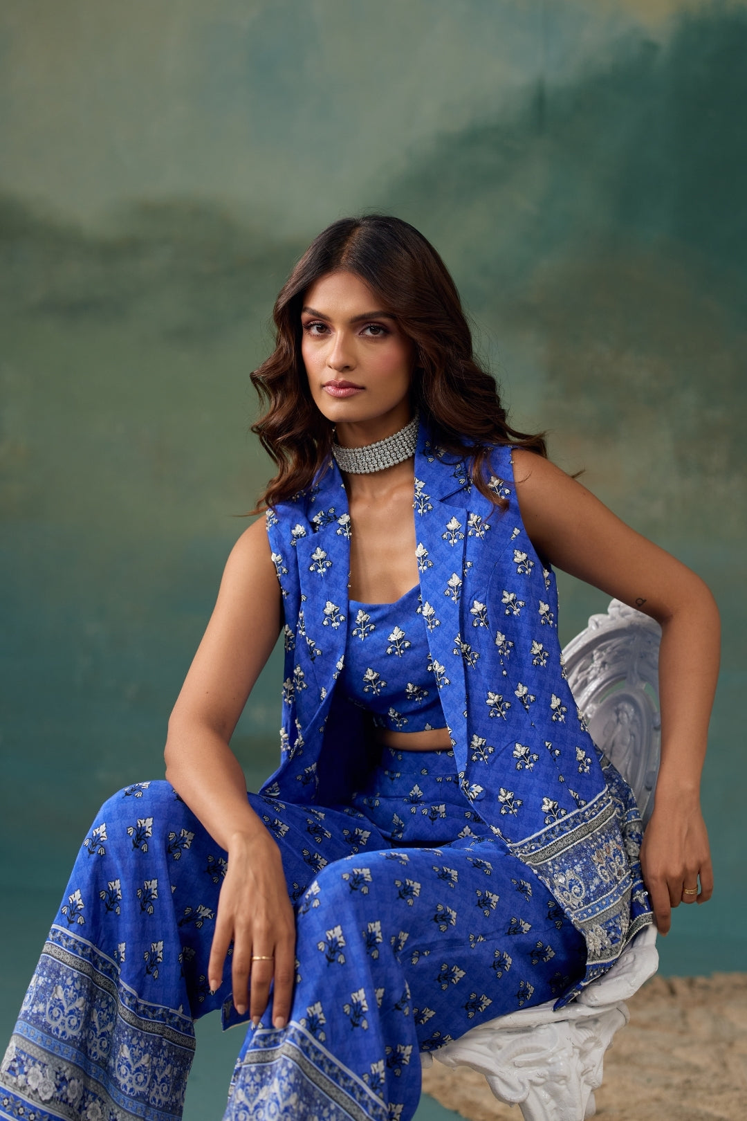 Royal Blue Jacket With Pant And Bustier