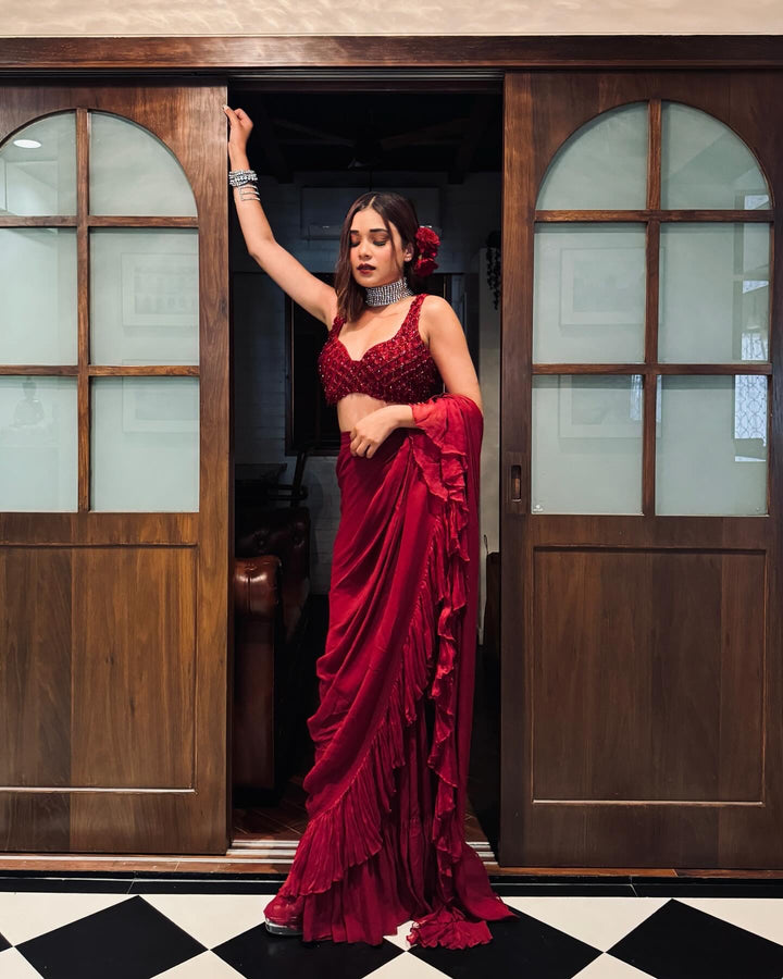 MAROON SHARARA SAREE WITH EMBROIDERED BLOUSE