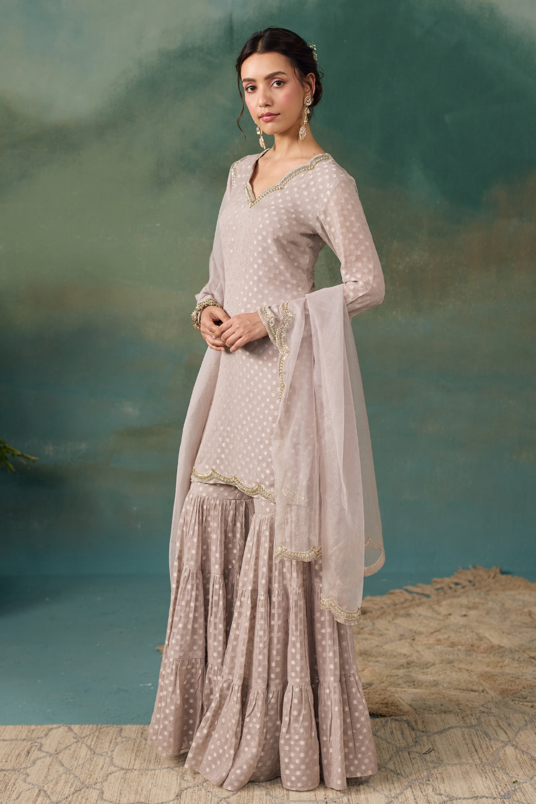 grey sharara dress Dusty Grey Ruffled Sharara Set with Hand Embroidery & Draped Dupatta –  Jhalak Kalpi main image 0