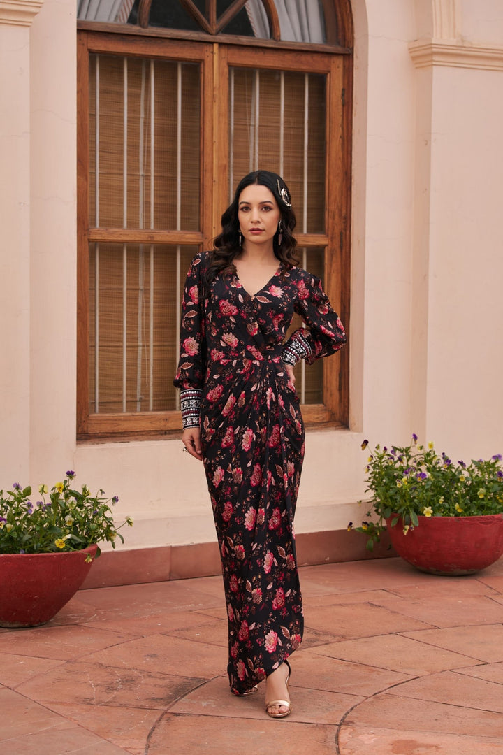 Black Printed Draped Dress