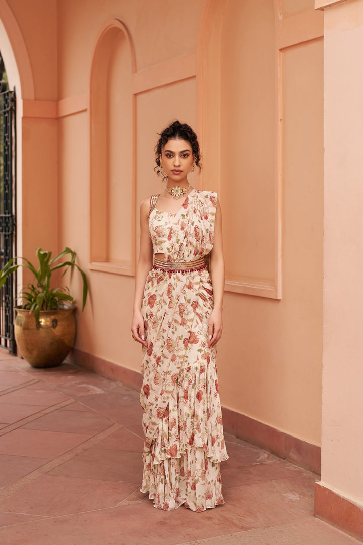 Ivory Printed Saree With Blouse And Belt