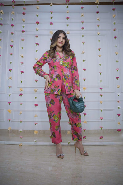 Influencer Khushnaaz in pink printed co-ord set