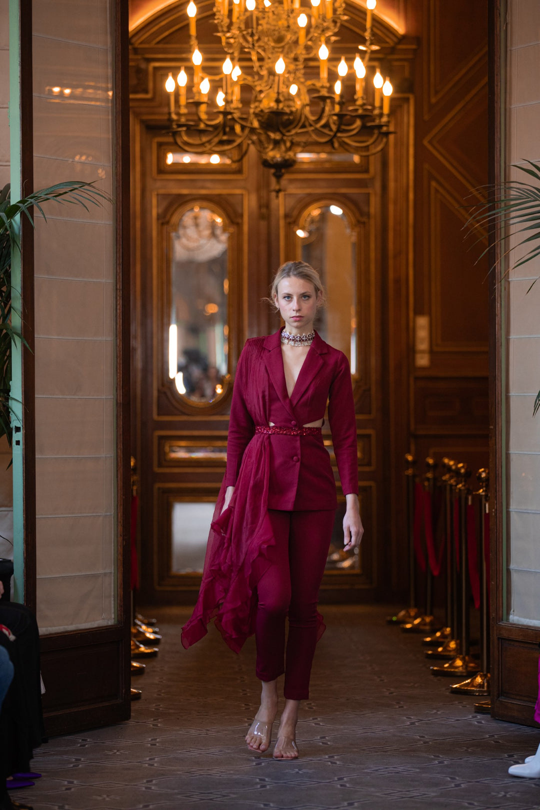 Maroon pantsuit with belt