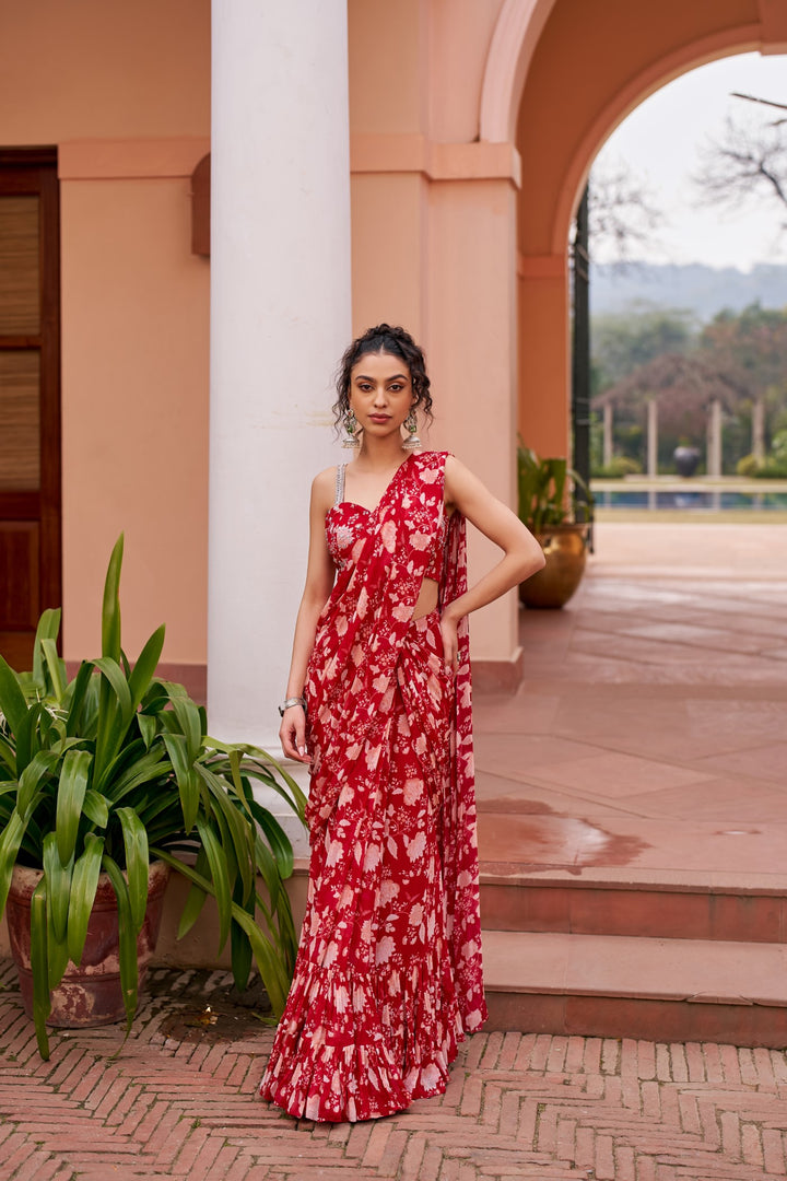 Red Printed Saree With Blouse