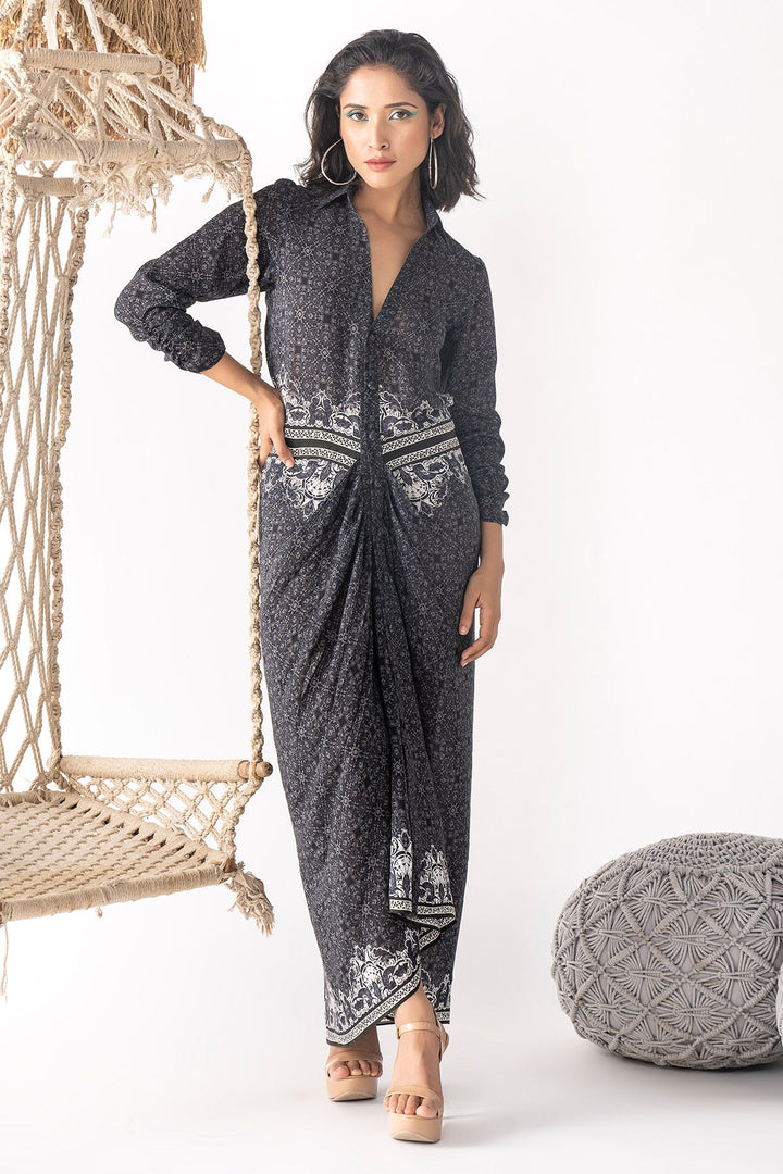 Black Printed Shirt Dress - RTS