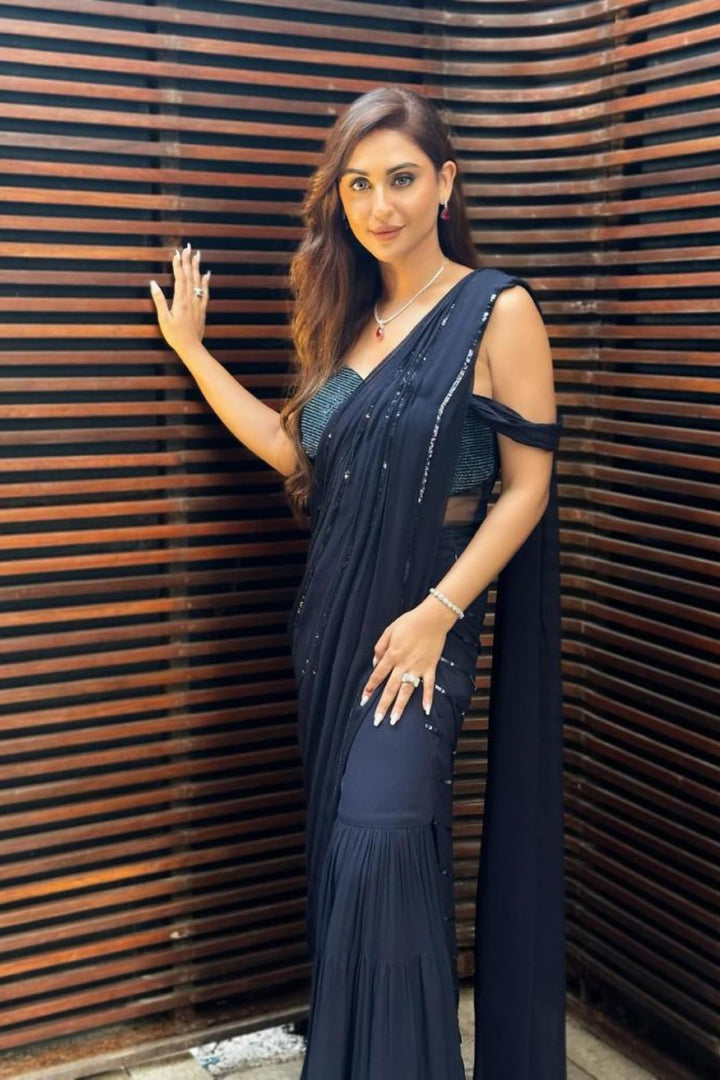 Actress Krystal Dsouza in navy blue embroidered sharara set