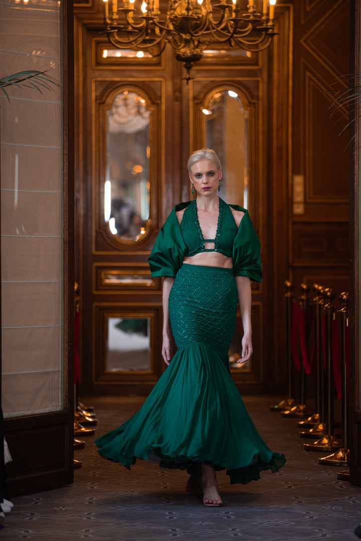 Green lehenga with blouse and pre-draped stole