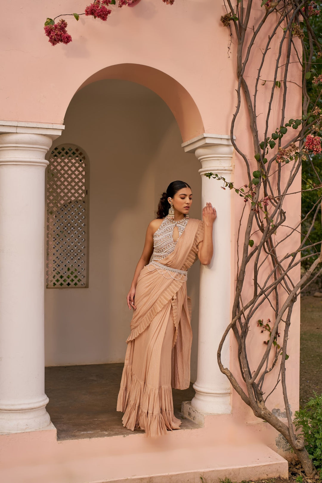 Beige Saree With Embroidered Blouse And Belt