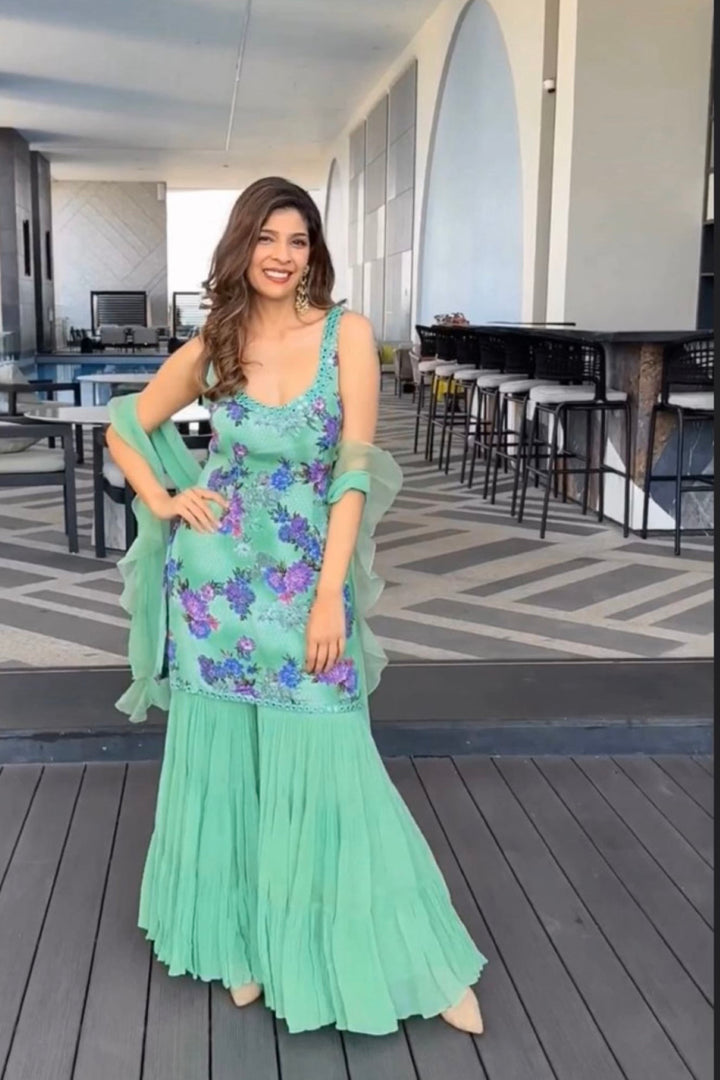 Influencer Mallika Singhania in sea green sharara with kurta and dupatta