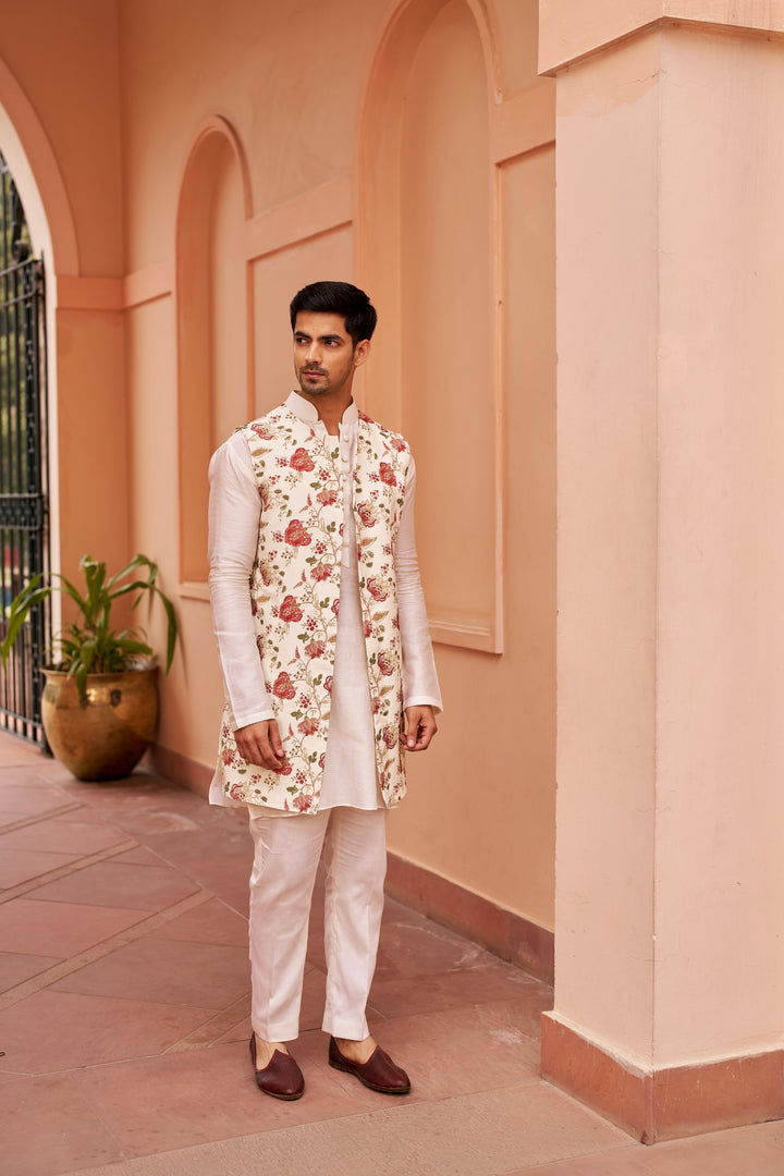 Ivory Kurta Set With Long Bundi