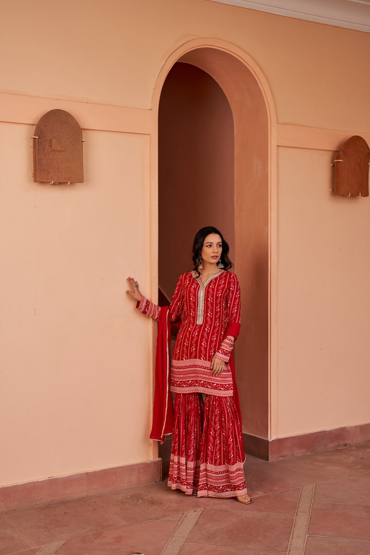 Red Printed Sharara Set