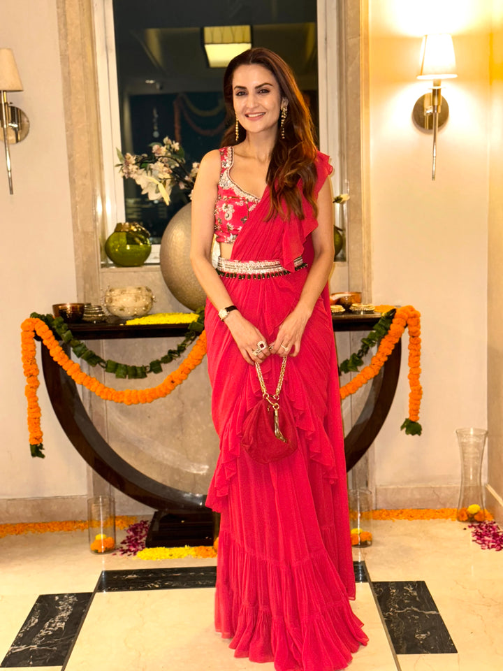 RED SAREE WITH PRINTED BLOUSE AND BELT