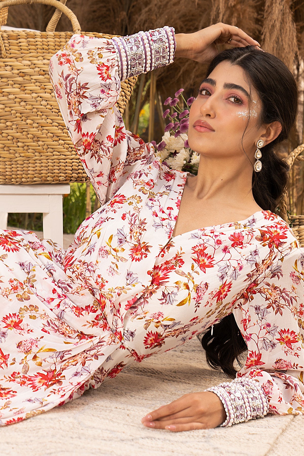 Off White Printed Draped Dress - RTS