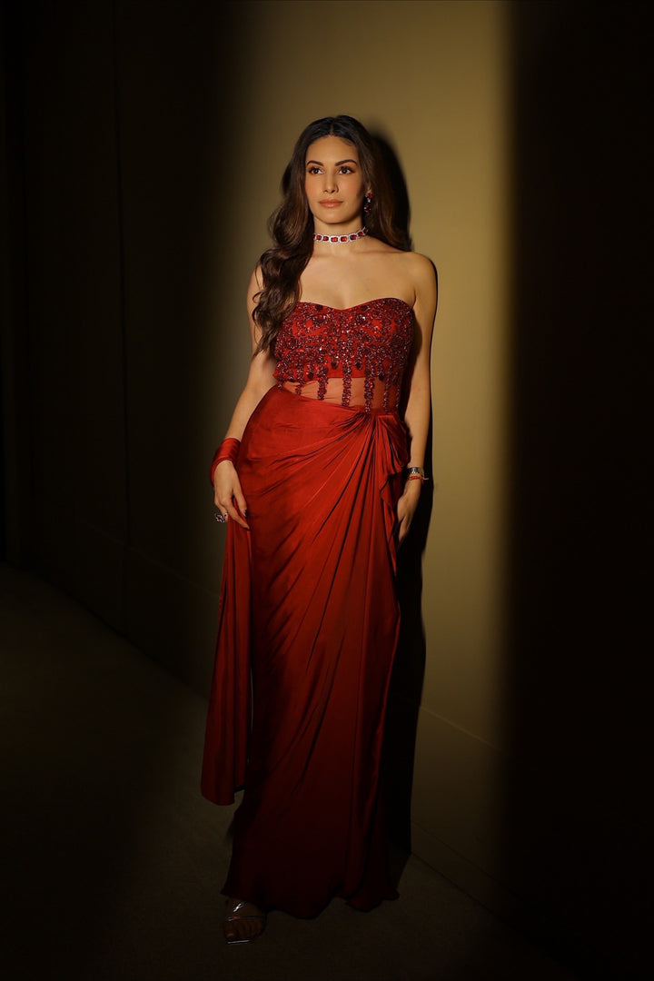 Amyra Dastur in our Maroon Draped Gown