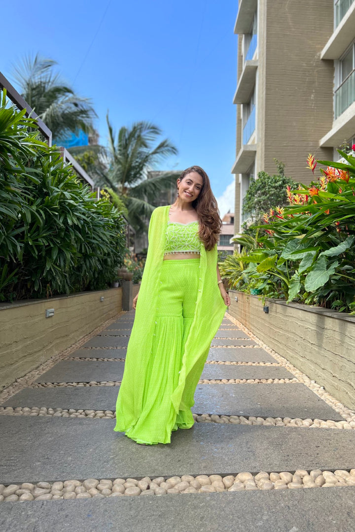 Influencer Vriti in lime green printed sharara set