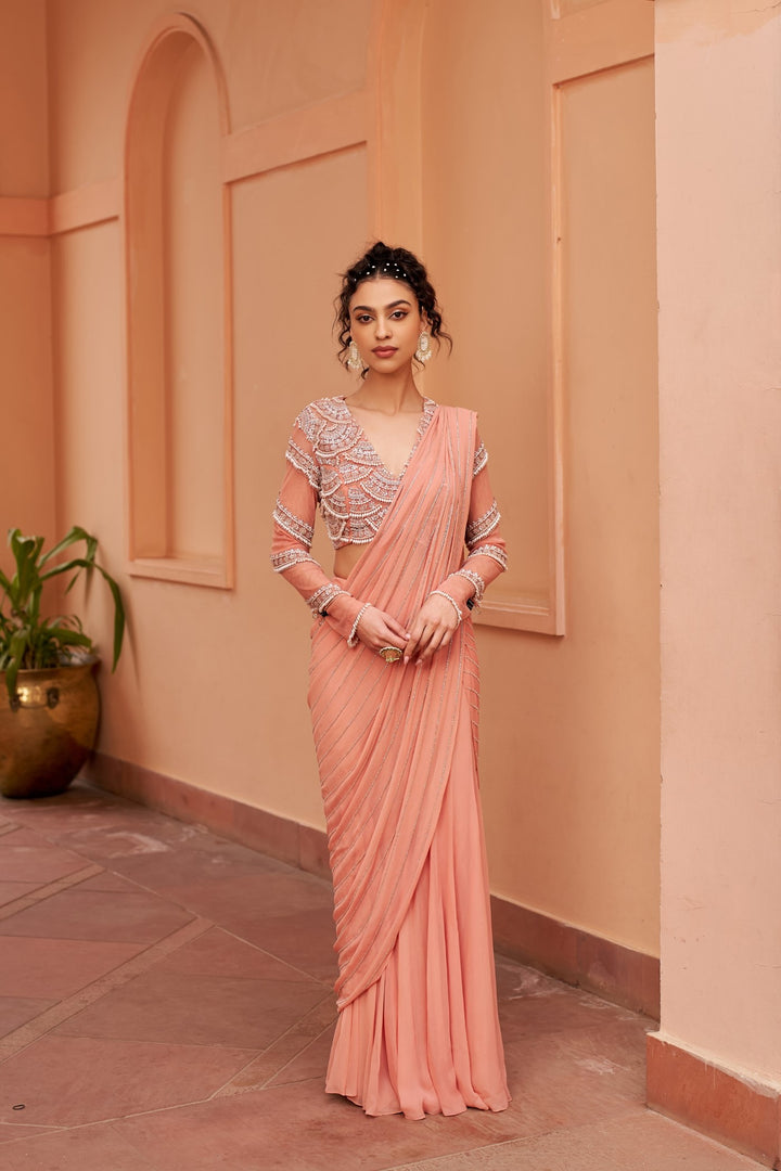 Peach Saree With Embroidered Blouse