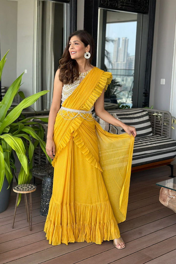 Mallika Singhania in our Yellow Saree with Embroidered Blouse and Belt