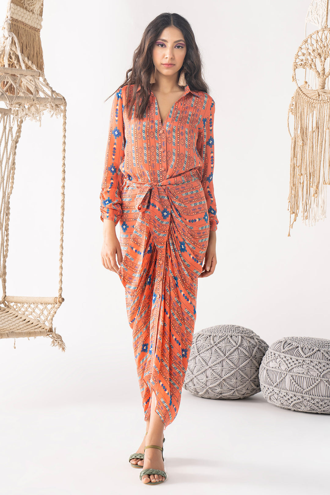 Orange Printed Shirt Dress