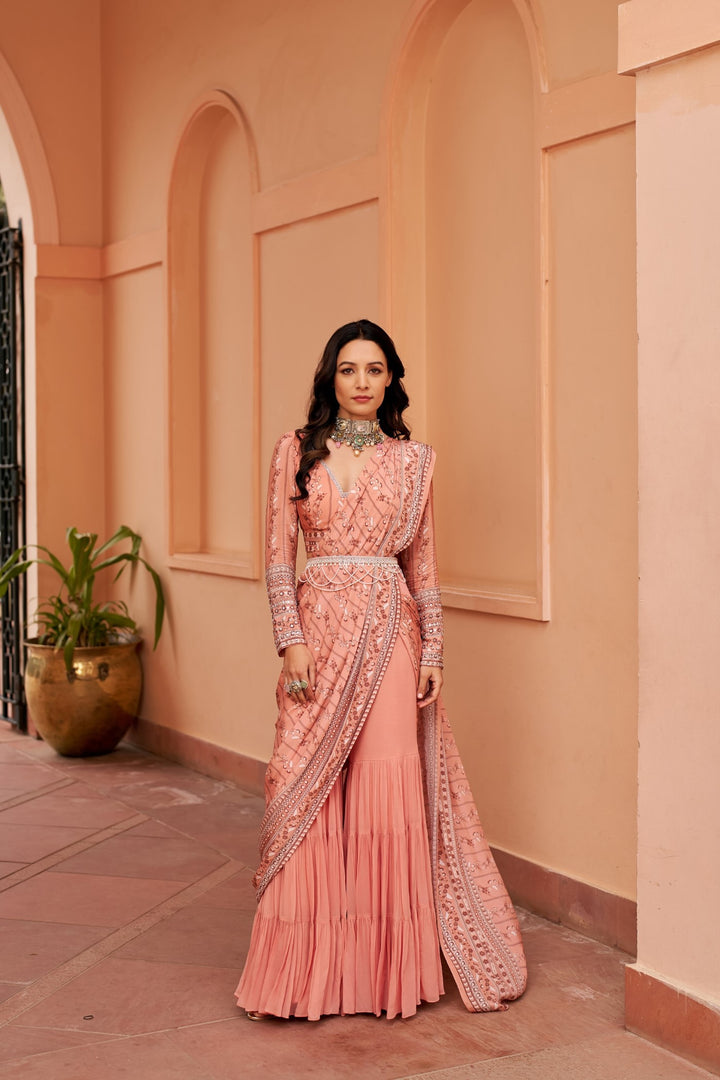 Peach Sharara Saree With Blouse And Belt