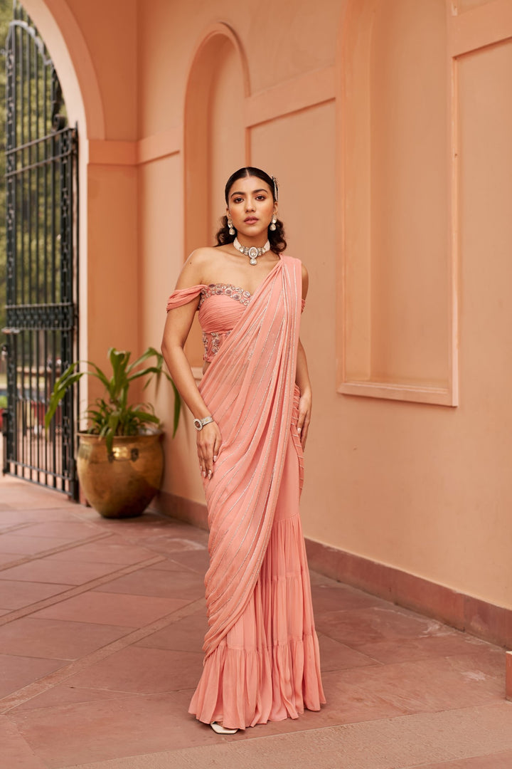 Peach Sharara Saree With Corset Blouse