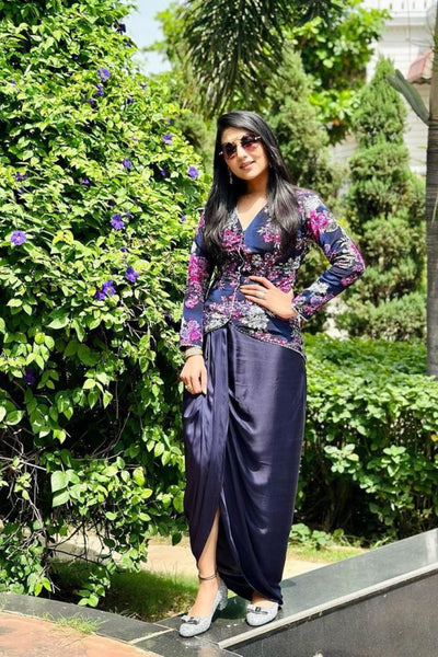 Influencer Sugandha in blue jacket with skirt