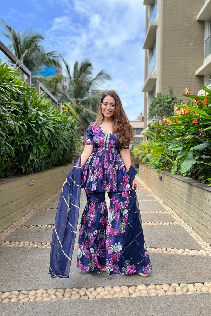 Influencer Vriti in navy blue printed sharara set