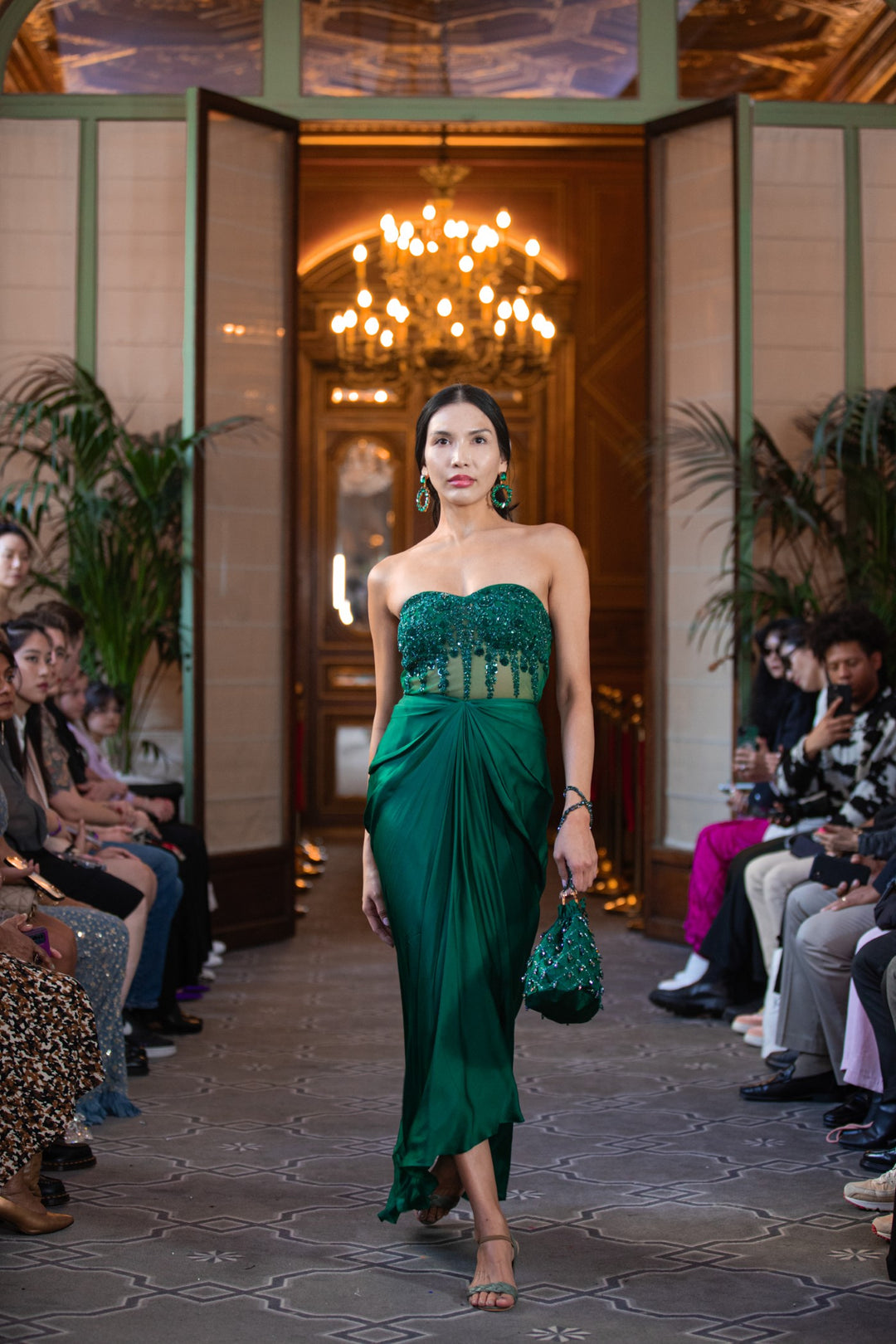 Green pre-draped gown