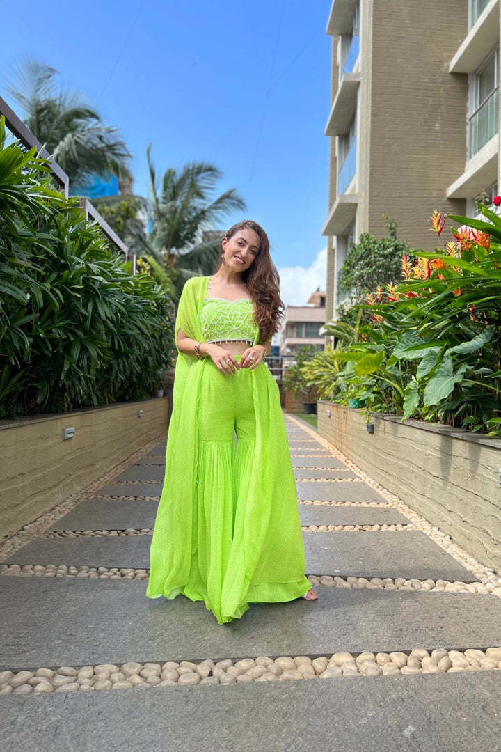 Influencer Vriti in lime green printed sharara set