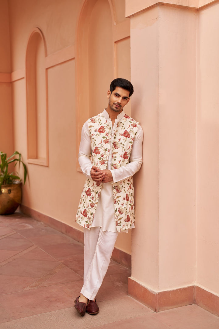 Ivory Kurta Set With Long Bundi