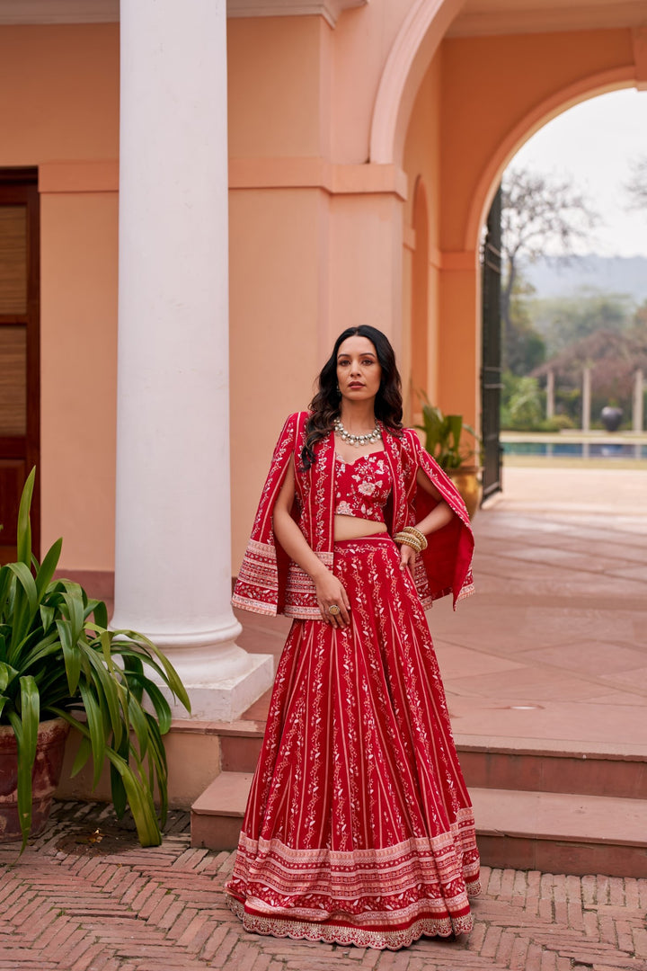 Red Lehenga With Cape And Inner