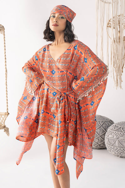 Orange Printed Wrap Dress - RTS