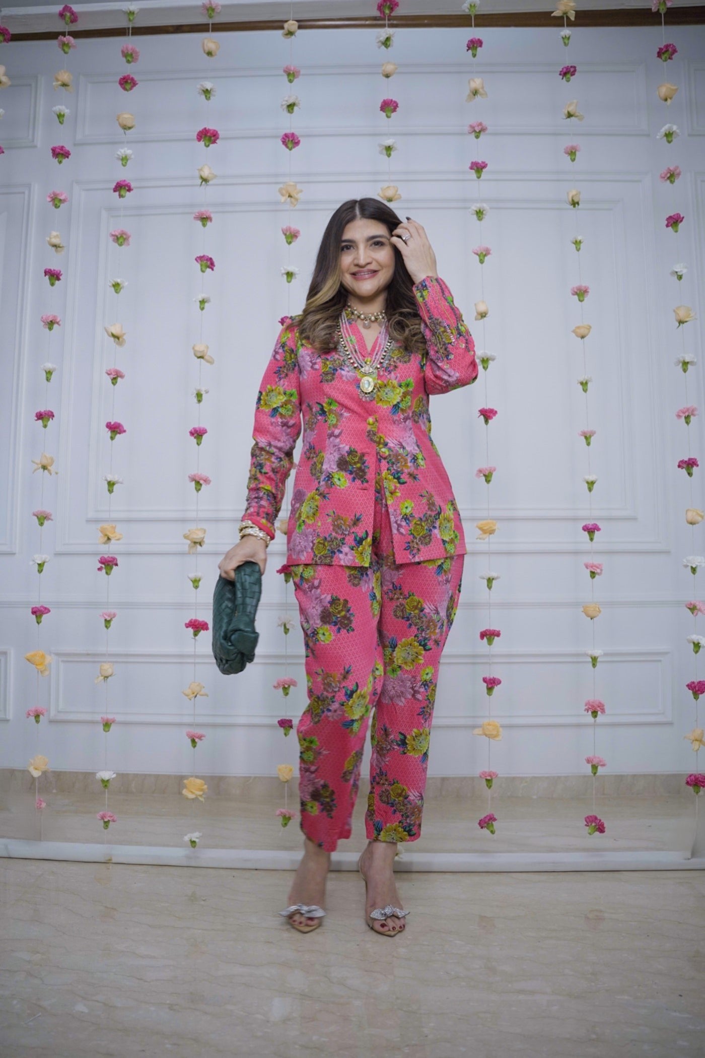 Influencer Khushnaaz in pink printed co-ord set