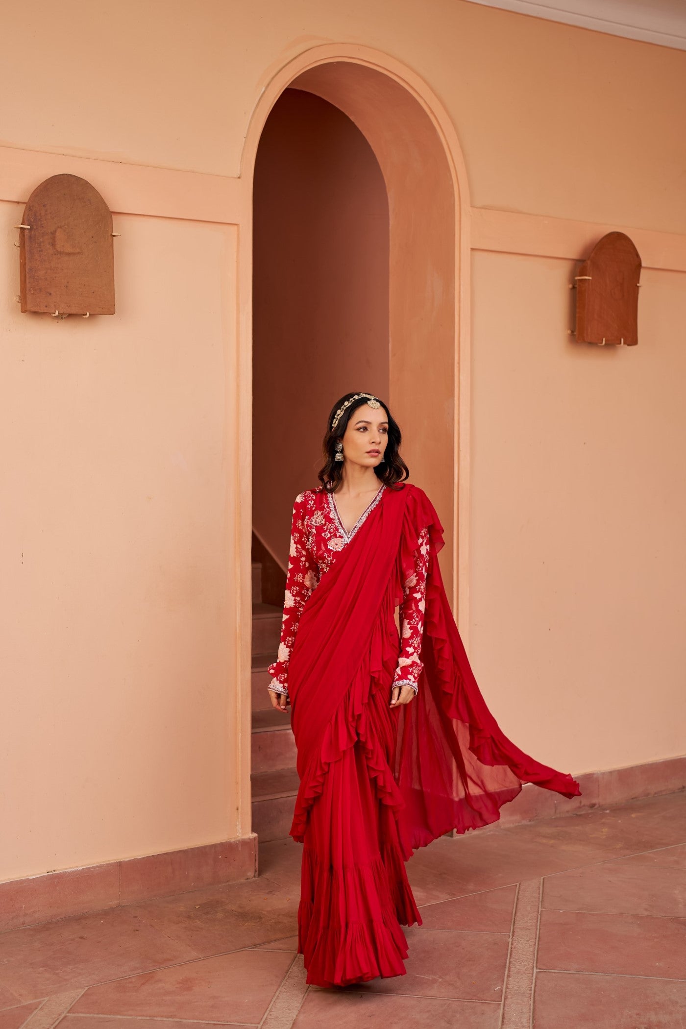 Red Saree With Printed Blouse
