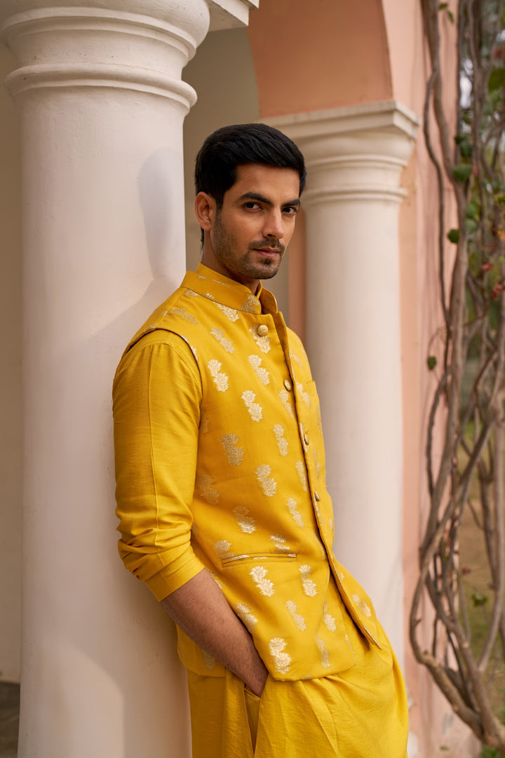 Yellow Kurta Set With Bundi