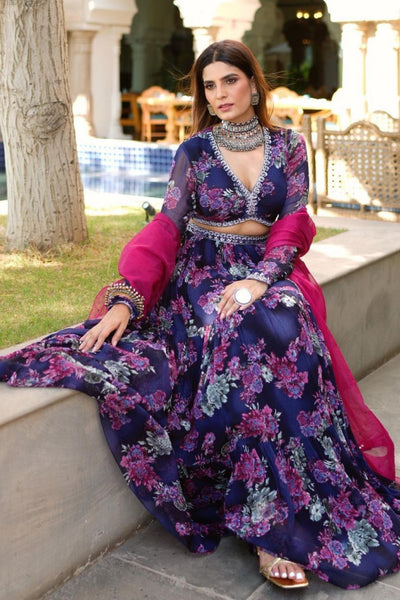 Influencer Krishna in  navy printed and embroidered lehenga set