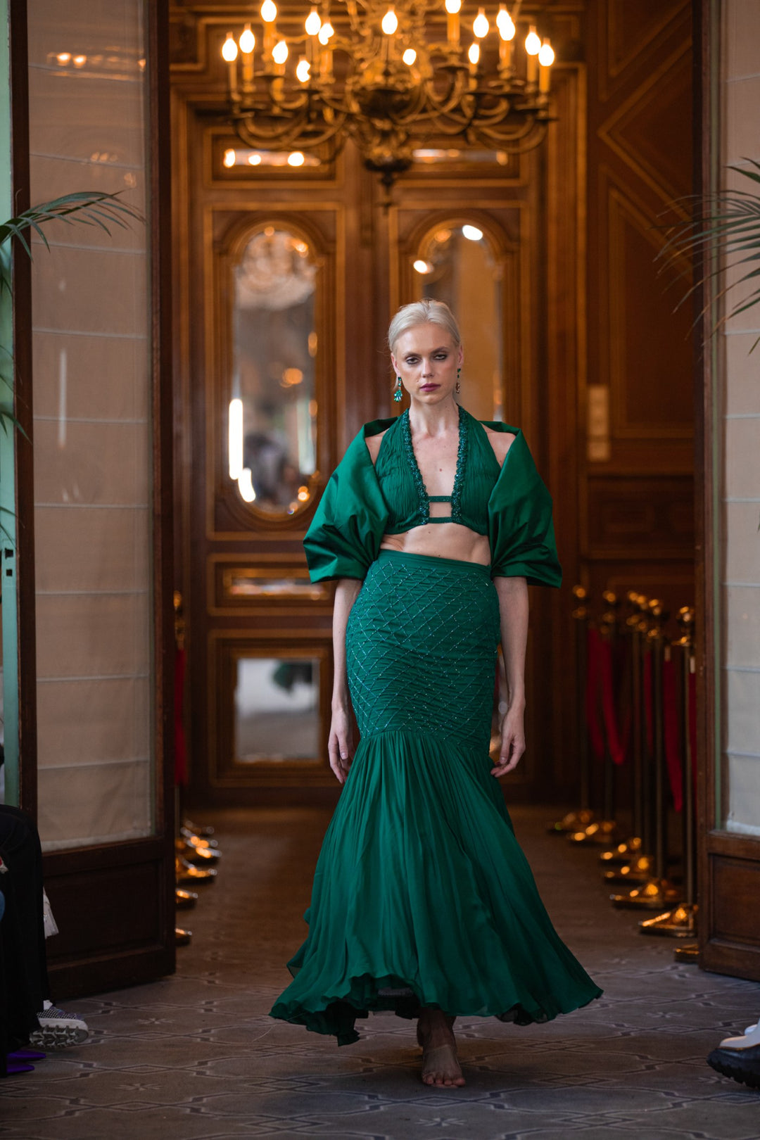 Green lehenga with blouse and pre-draped stole