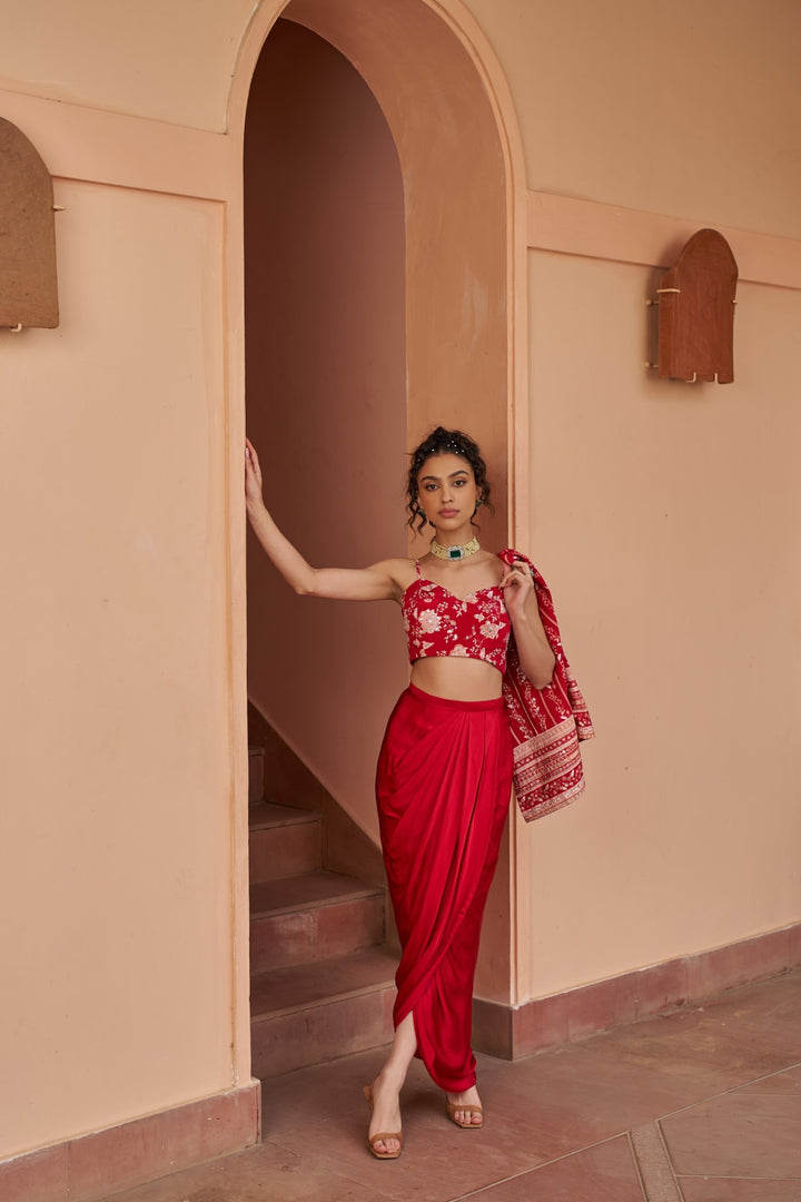 Red Printed Cape And Bustier With Draped Skirt