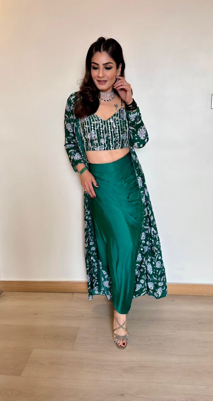 Raveena Tandon In Bottle Green Printed Cape Set