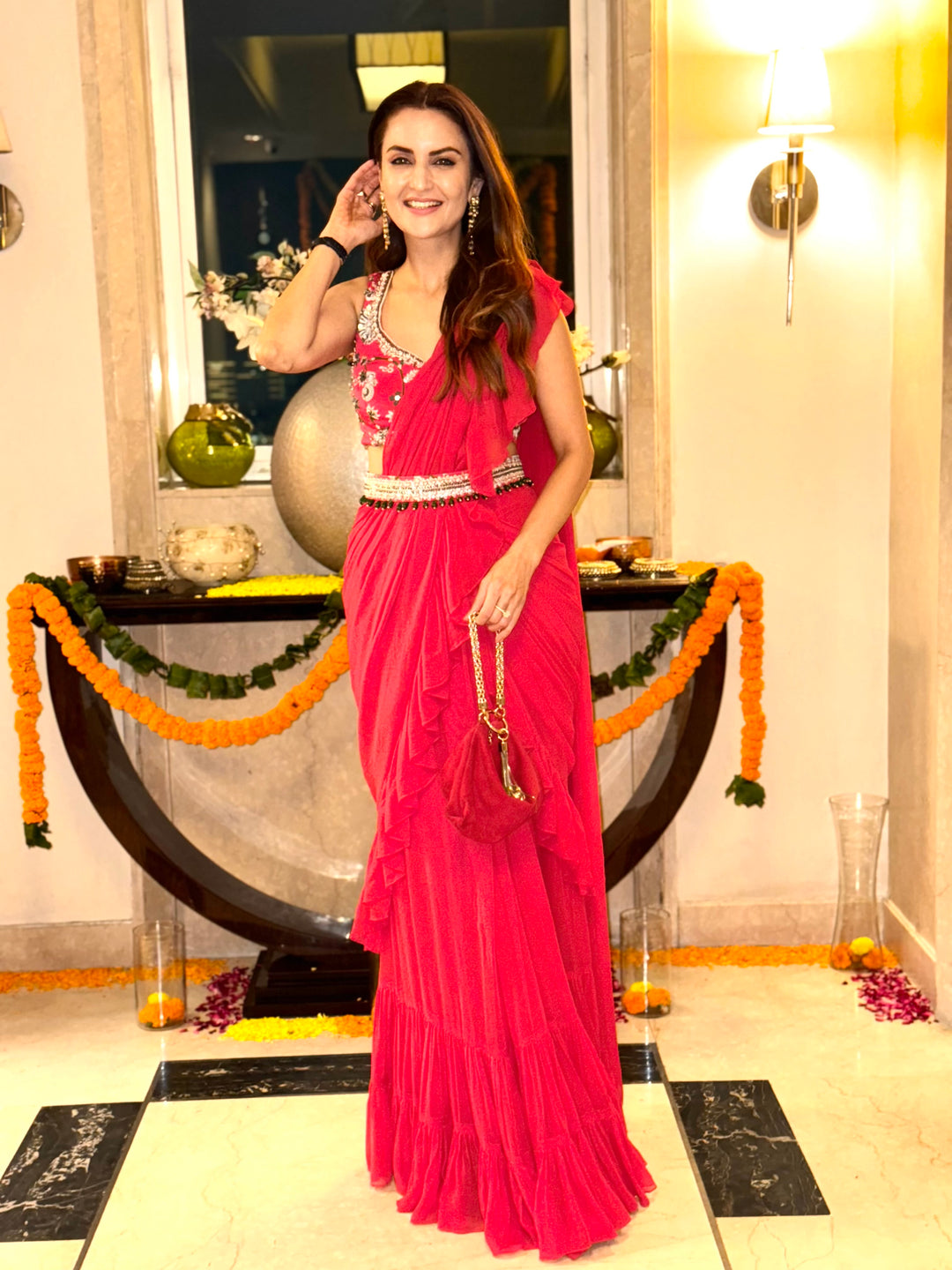 RED SAREE WITH PRINTED BLOUSE AND BELT