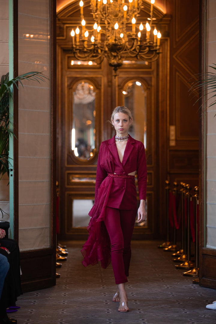 Maroon pantsuit with belt